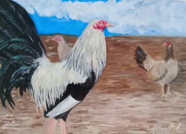 Malerei mit dem Titel "El gallo que sigue" von Bonifacio Contreras, Original-Kunstwerk, Öl