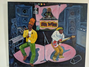 Painting titled "First Reggae band m…" by Bonjii Bonjii, Original Artwork, Oil Mounted on Wood Stretcher frame