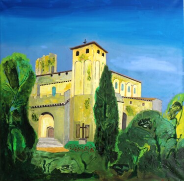 Painting titled "Fortified Church Sa…" by Bonsanthy, Original Artwork, Encaustic Mounted on Wood Stretcher frame