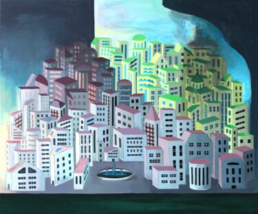 Painting titled "The Town" by Bonsanthy, Original Artwork, Acrylic Mounted on Wood Stretcher frame