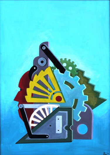 Painting titled "Machinery" by Bonsanthy, Original Artwork, Acrylic Mounted on Cardboard