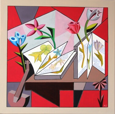 Painting titled "Geometric Flower Pr…" by Bonsanthy, Original Artwork, Acrylic Mounted on Wood Stretcher frame