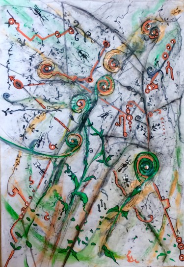 Painting titled "Ants & Ferns playing" by Bernadette Cavanough, Original Artwork, Charcoal