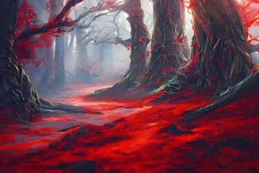 Digital Arts titled "Red-Blue Forest" by Boris Tetiushin, Original Artwork, Digital Painting