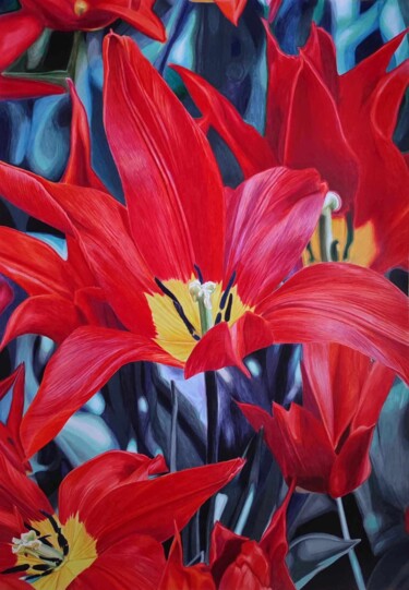 Dibujo titulada "Red tulips field" por Sandrine Borgniet, Obra de arte original, Lápiz