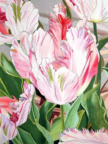 Dibujo titulada "Tulipes sorbet tric…" por Sandrine Borgniet, Obra de arte original, Lápiz