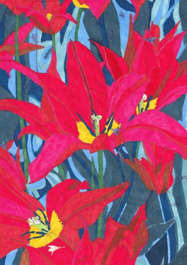Desenho intitulada "Tulipes rouges sur…" por Sandrine Borgniet, Obras de arte originais, Marcador