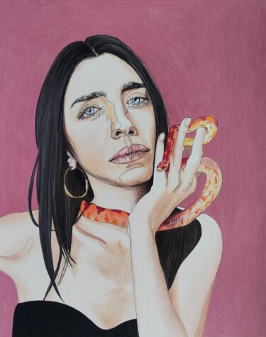 Рисунок под названием "Femme au serpent" - Sandrine Borgniet, Подлинное произведение искусства, Карандаш