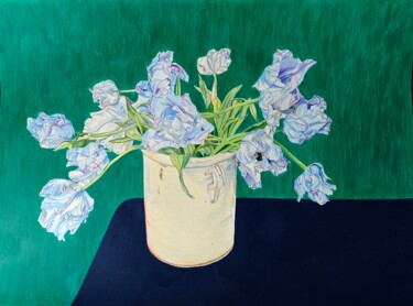 Disegno intitolato "Blue tulips bouquet" da Sandrine Borgniet, Opera d'arte originale, Pastello