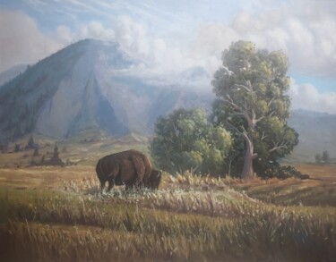 Painting titled "Le bison de Yellows…" by Boris Huguenel, Original Artwork, Oil