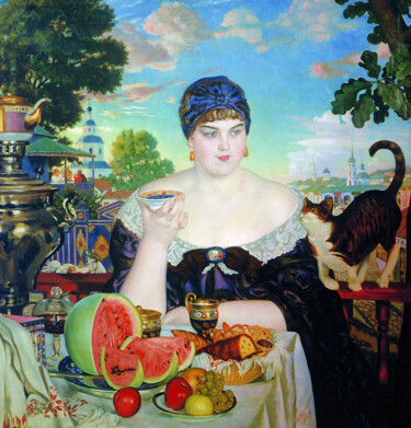 Pittura intitolato "Femme de marchand p…" da Boris Koustodiev, Opera d'arte originale, Olio