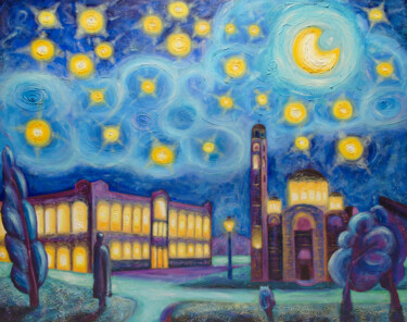 Painting titled "Starry Night Over B…" by Boris Subotic, Original Artwork, Oil Mounted on Wood Stretcher frame
