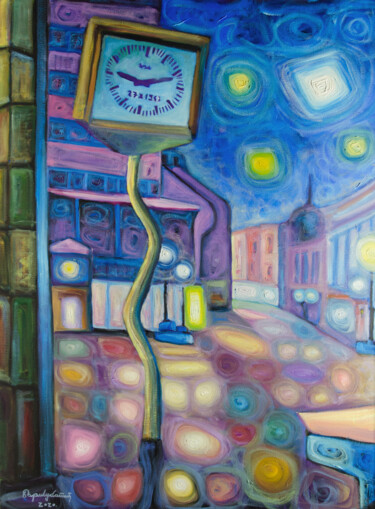 Painting titled "Crooked clock at ni…" by Boris Subotic, Original Artwork, Oil Mounted on Wood Stretcher frame