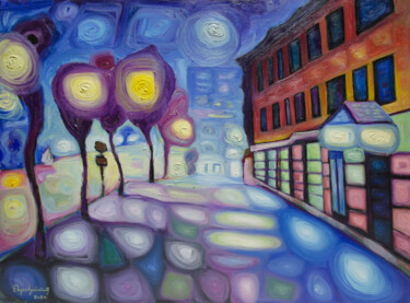 Painting titled "Night city lights" by Boris Subotic, Original Artwork, Oil Mounted on Wood Stretcher frame