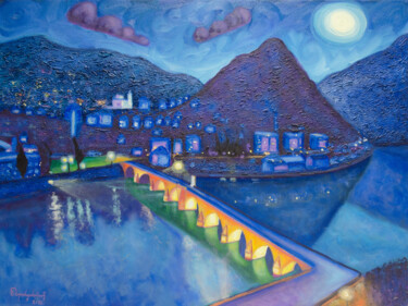 Malerei mit dem Titel "Night City of Viseg…" von Boris Subotic, Original-Kunstwerk, Öl Auf Keilrahmen aus Holz montiert