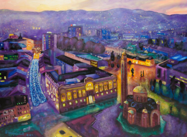 Painting titled "Night City of Banja…" by Boris Subotic, Original Artwork, Oil Mounted on Wood Stretcher frame