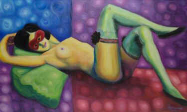 Painting titled "Nude 1.618" by Boris Subotic, Original Artwork, Oil Mounted on Wood Stretcher frame