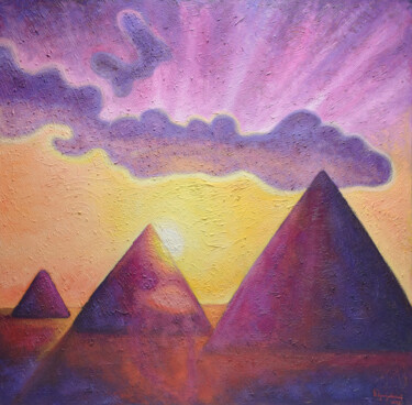 Painting titled "The Great Pyramids" by Boris Subotic, Original Artwork, Oil Mounted on Wood Stretcher frame