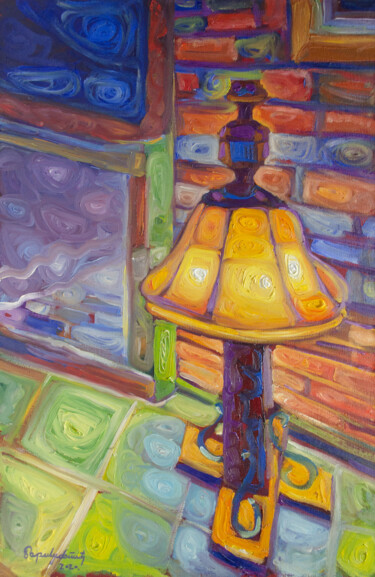 Painting titled "Night Lamp" by Boris Subotic, Original Artwork, Oil Mounted on Wood Stretcher frame