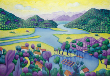 Malerei mit dem Titel "Lake Skadar" von Boris Subotic, Original-Kunstwerk, Öl Auf Keilrahmen aus Holz montiert