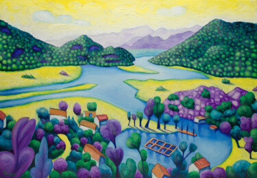 Painting titled "Lake Skadar" by Boris Subotic, Original Artwork, Oil Mounted on Wood Stretcher frame