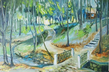 Painting titled ""Rain in the park"" by Boris Zhigalov, Original Artwork, Oil