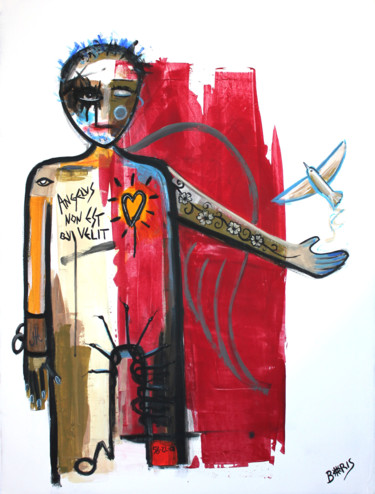 Peinture intitulée "L'homme et l'oiseau…" par Boris Akielaszek, Œuvre d'art originale