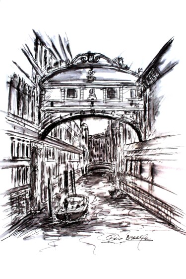 Desenho intitulada "Le pont des soupirs…" por Boris Barbey, Obras de arte originais, Aquarela