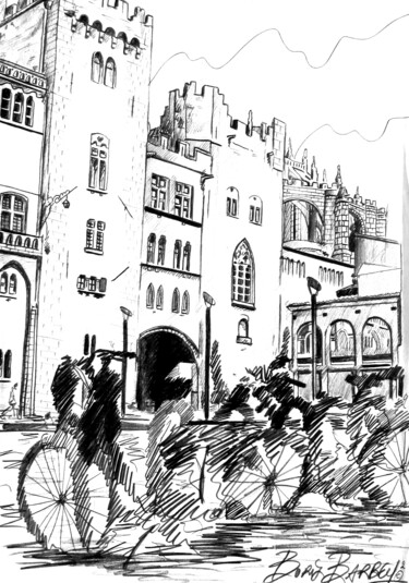 Dessin intitulée "Les vélos de la mai…" par Boris Barbey, Œuvre d'art originale, Crayon