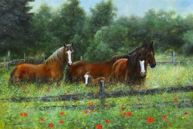 Schilderij getiteld ""Les chevaux"" door Aleksandr Borisenko, Origineel Kunstwerk, Olie Gemonteerd op Frame voor houten bran…