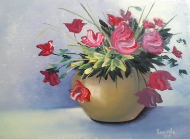 Painting titled "Тюльпаны в вазе(авт…" by Irina Borisova, Original Artwork, Oil Mounted on Cardboard