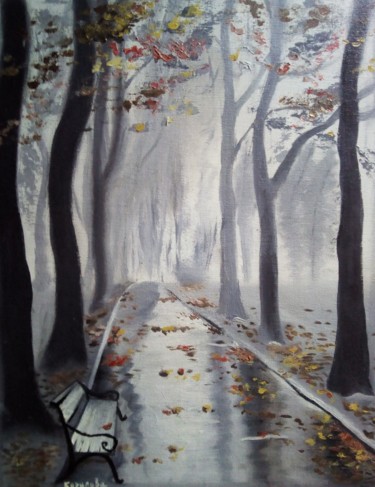 Картина под названием "Золотая осень в пар…" - Irina Borisova, Подлинное произведение искусства, Масло Установлен на картон