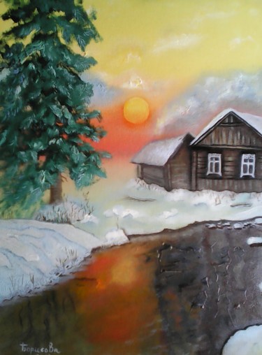 Peinture intitulée ""Зимой"" par Irina Borisova, Œuvre d'art originale, Huile Monté sur Carton
