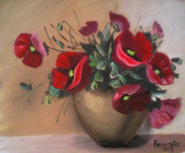 Painting titled ""Красные маки"" by Irina Borisova, Original Artwork, Oil Mounted on Cardboard