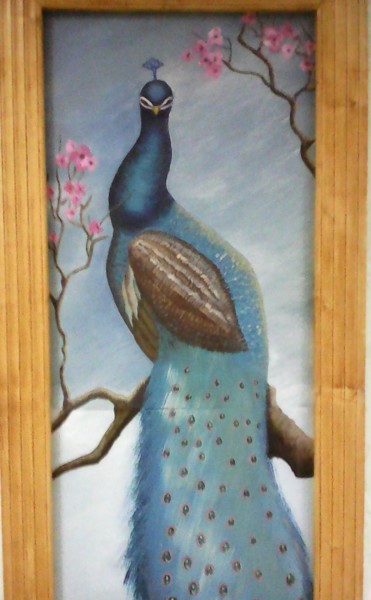 Malerei mit dem Titel "Павлин" von Irina Borisova, Original-Kunstwerk, Öl Auf Karton montiert