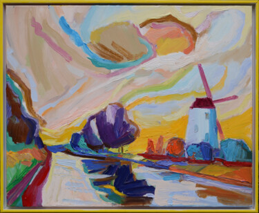 Painting titled "Hoeke Windmill, Dam…" by Borko Petrovic, Original Artwork, Oil