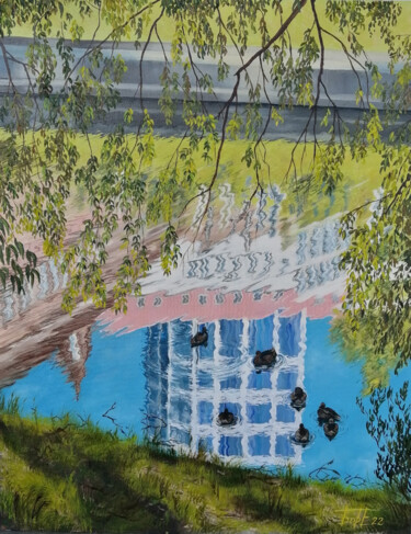 Malerei mit dem Titel "Городской пруд" von Elena Borisova Elena Borisova, Original-Kunstwerk, Öl Auf Karton montiert