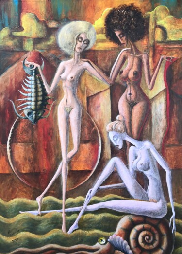 Pintura intitulada "Naked bathers on th…" por Borys Shelegov, Obras de arte originais, Acrílico
