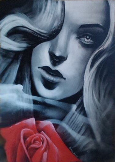 Peinture intitulée ""girl with a rose"" par Borys Gierlinski, Œuvre d'art originale, Bombe aérosol