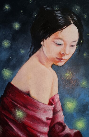 Peinture intitulée "The girl with firef…" par Borys Gierlinski, Œuvre d'art originale, Huile