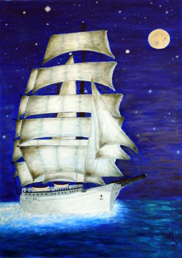 Malerei mit dem Titel "Segeln bei Nacht" von Bosa Steinert, Original-Kunstwerk, Öl
