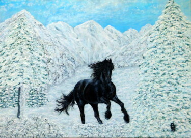 Schilderij getiteld "Black horse in wint…" door Bosa Steinert, Origineel Kunstwerk, Olie