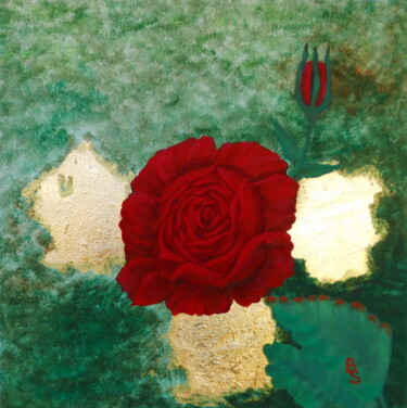 Malerei mit dem Titel "Rote Rose mit Blatt…" von Bosa Steinert, Original-Kunstwerk, Öl