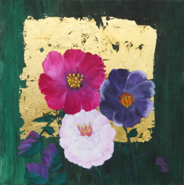 Malerei mit dem Titel "Rosen mit Blattgold" von Bosa Steinert, Original-Kunstwerk, Öl