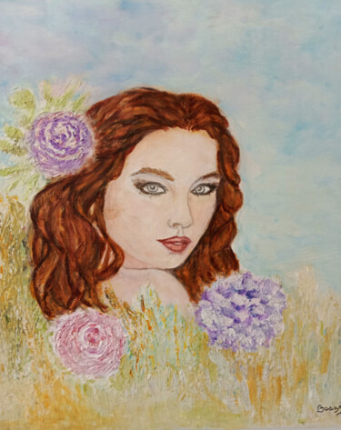 제목이 "femme aux roses"인 미술작품 Bosyni로, 원작, 아크릴 나무 들것 프레임에 장착됨