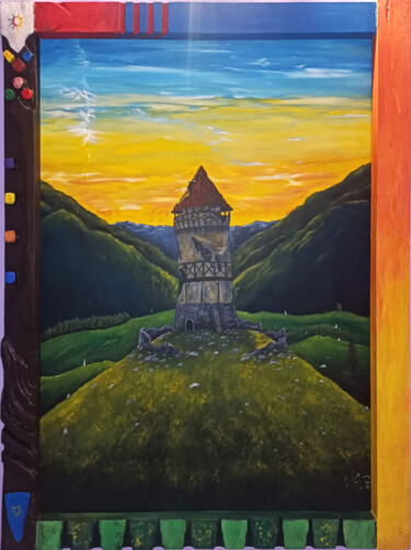 Painting titled "La tour du crépuscu…" by Alin Eduard Botez, Original Artwork, Oil