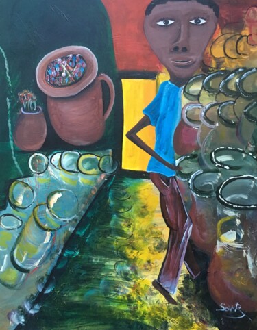 Peinture intitulée "Le barman bourré." par Boubacar Sow, Œuvre d'art originale