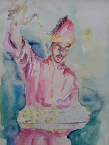 Ζωγραφική με τίτλο "Le serveur" από Abdelilah Boubchir, Αυθεντικά έργα τέχνης, Ακουαρέλα