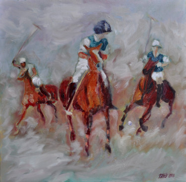 Pittura intitolato "Polo 1 blanc 2 bleus" da Patrick Bouchaud, Opera d'arte originale, Olio