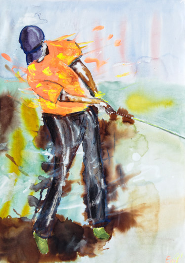 Peinture intitulée "le golfeur orange.j…" par Alain Boudard, Œuvre d'art originale, Aquarelle